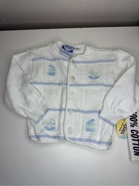 Vintage Carriage Boutiques Baby Sweater Cardigan 6M White Blue Cotton Train
